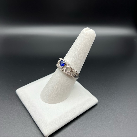 Sterling Silver Heart Crown Blue Sapphire CZ Ring, size 8 - Picture 2 of 9